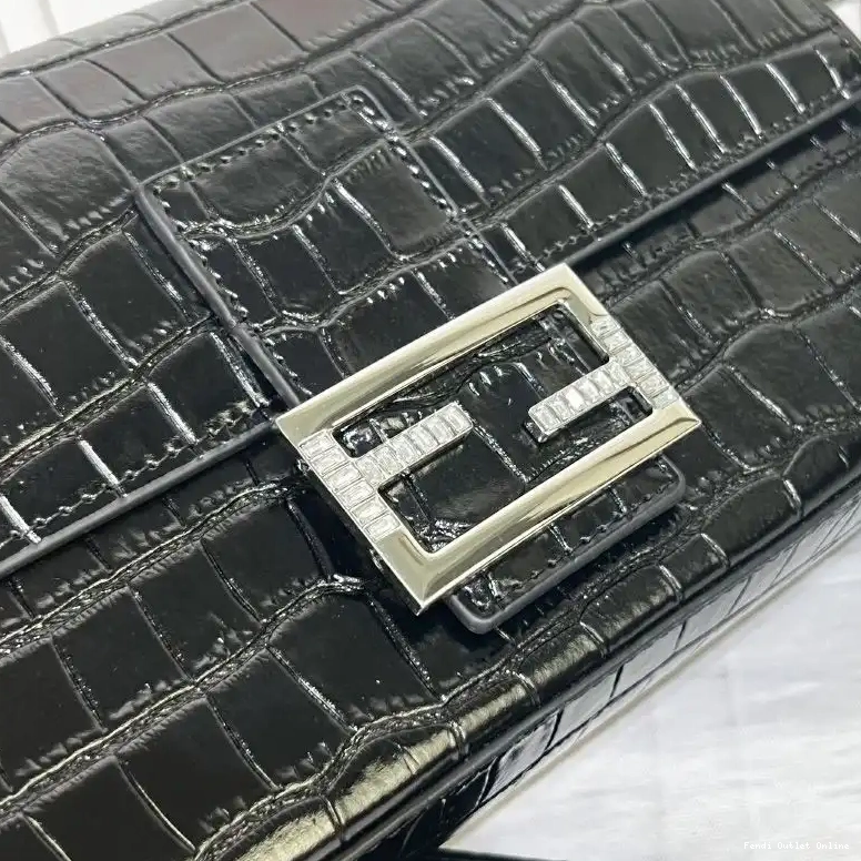 Affordable Tiffany Fendi Bag Medium Crocodile Leather In Black Baguette 0702